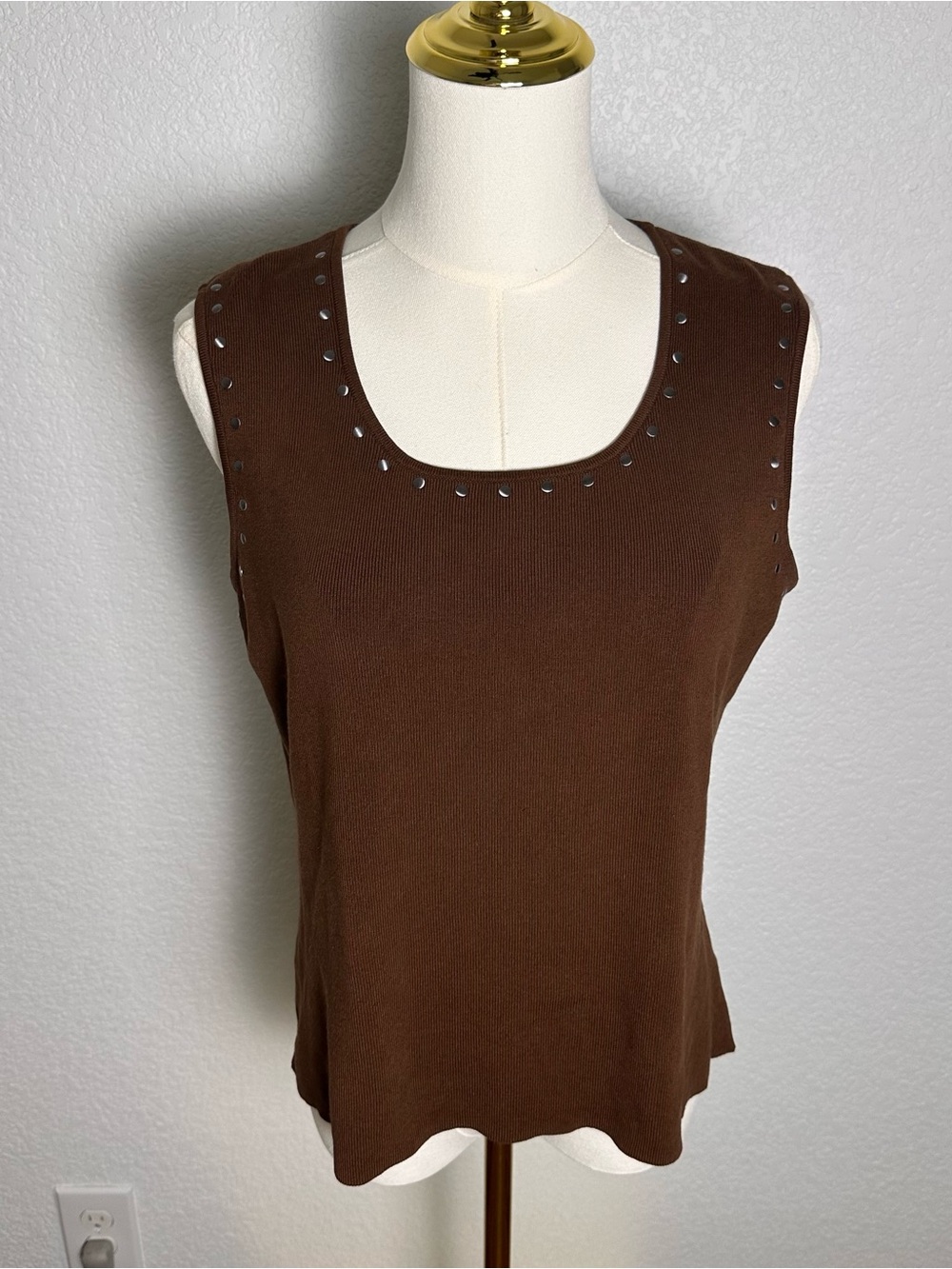 Sleeveless Brown Stud-Trim Knit Top - Women's